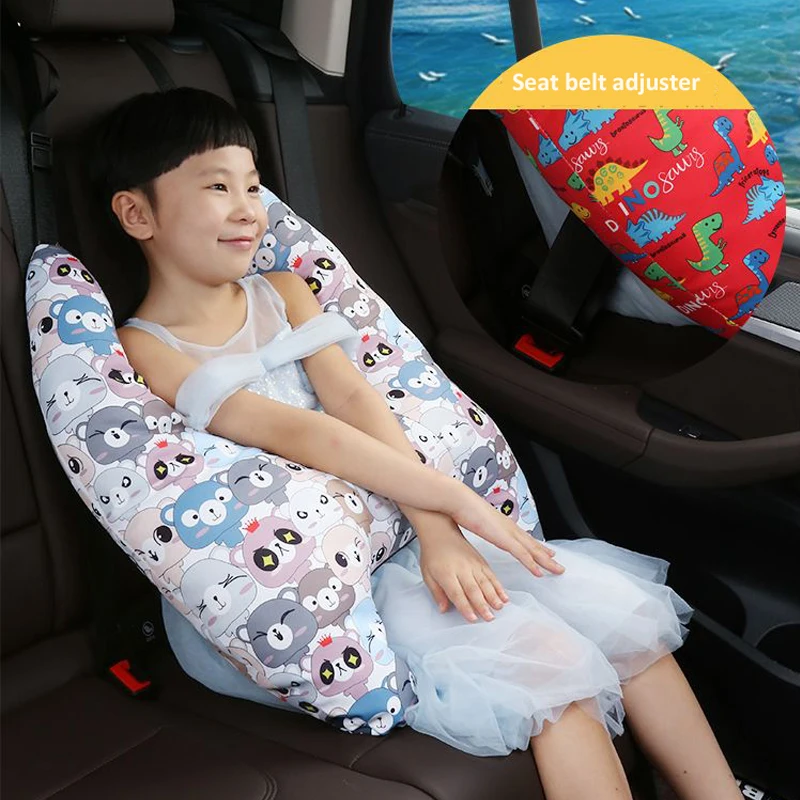 Cojín de viaje con patrón de animales para niños, soporte para la cabeza y el cuello en forma de U, almohada de seguridad para asiento de coche