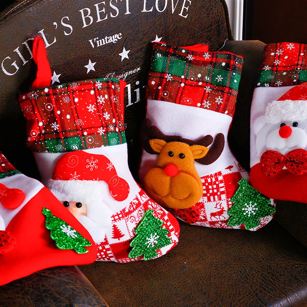 

4 Pcs Christmas Socks Stockings Snowflake Gift Holders Kids Bags Decorative Reindeer Bear Patterns Holiday DIY