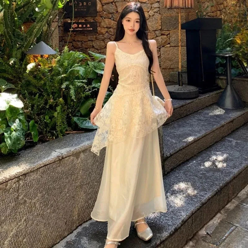 French Elegant Camis Dress for Women Fashion Lace Patchwork Irregular Midi Dress Summer New Beach Vacation Embroidered Vestidos