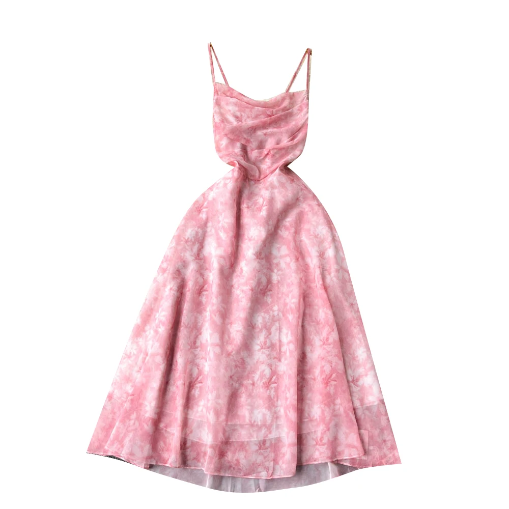 Jupe mi-longue en mousseline de soie pour femmes, fée d'été, ajourée, ceinturée, imprimé Floral, Dr coréen, taille haute