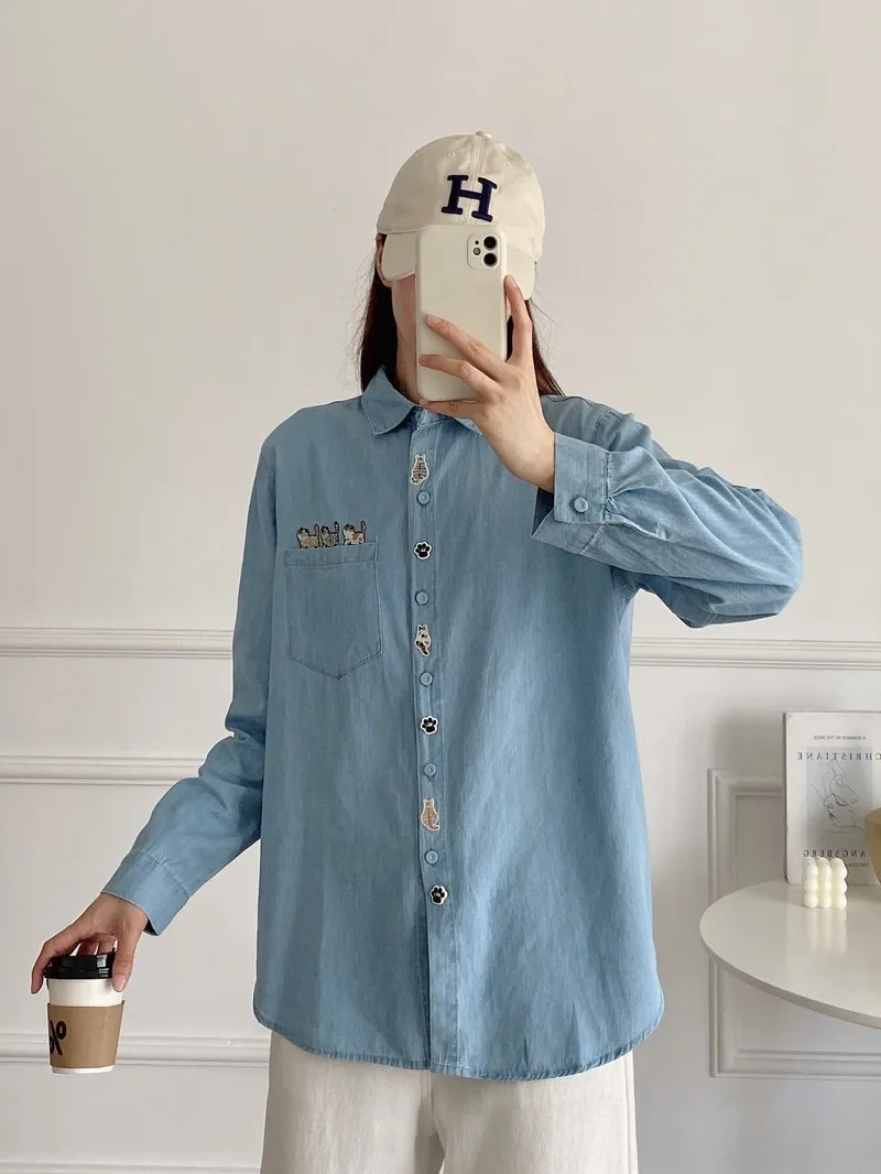 Harajuku fashion cotton denim shirts blouses long sleeve tops women\'s cats embroidered shirts pretty blouses woman jean shirts