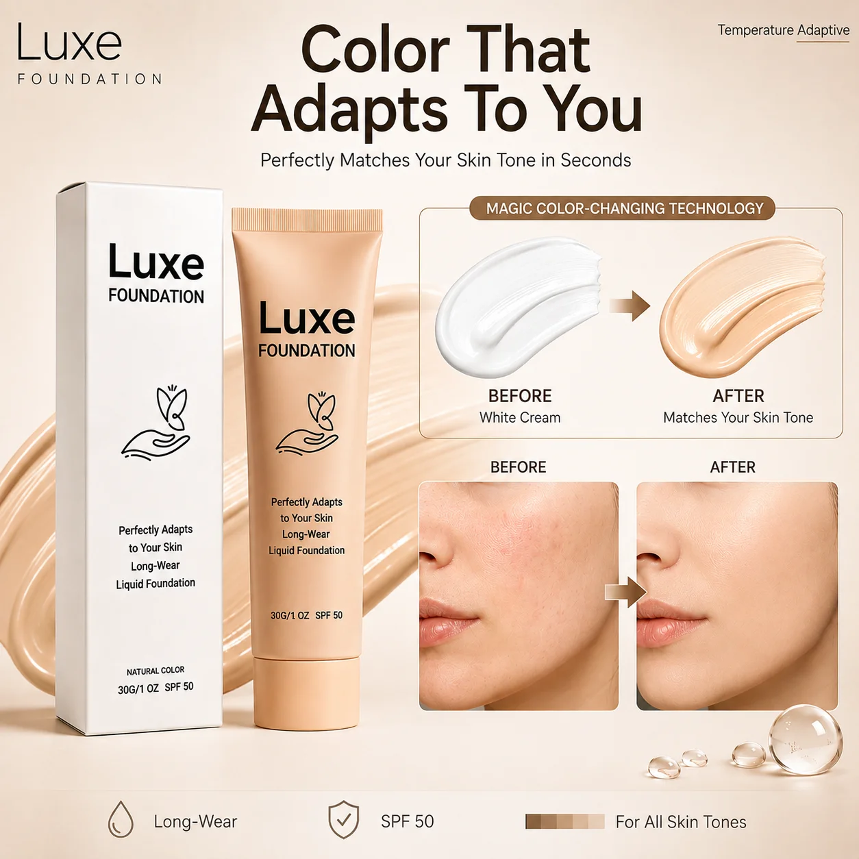 Luxe SPF50 Color Changing Liquid Foundation Lightweight Self-Adjusting Skin Tone Matching Full Coverage Concealer Makeup Base