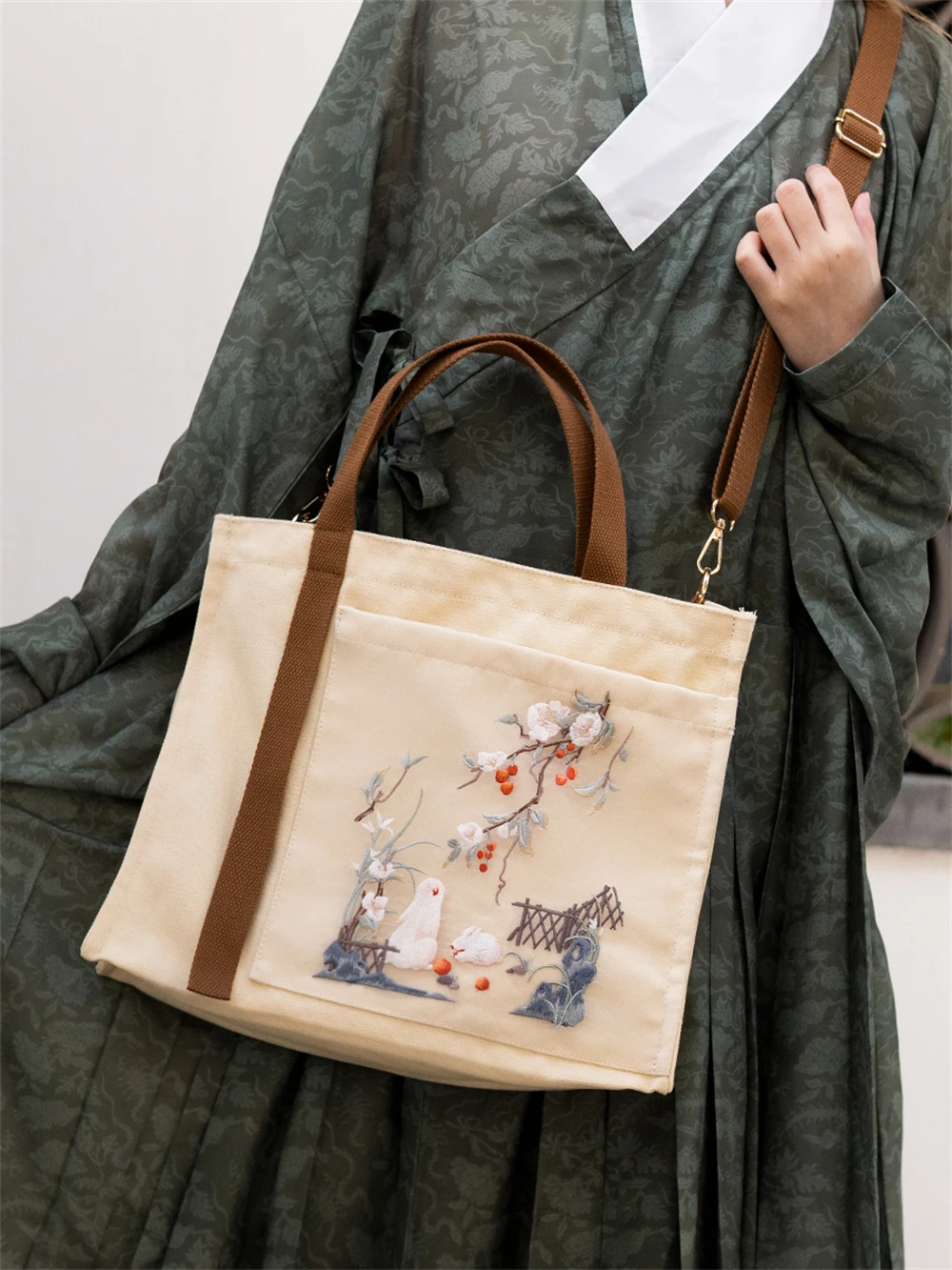 1pcs New Chinese Ancient Style Tote Shoulder Bag Hanfu Satchel Canvas Embroidery Large-capacity Handbag Zipper Crossbody Gift