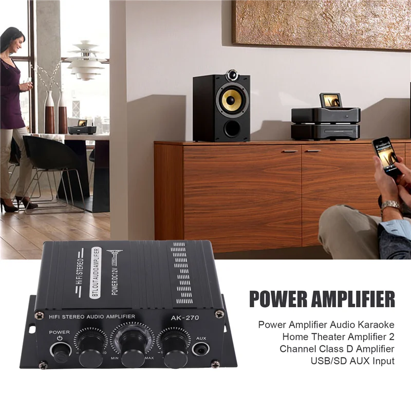 High Quality-Power Amplifier Audio Karaoke Home Theater Amplifier 2 Channel Class D Amplifier USB/SD AUX Input