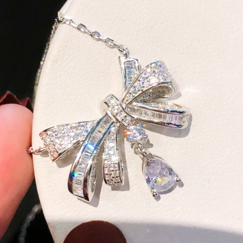 

High Quality 925 Sterling Silver Inlay Zircon Bow Water Drop Necklace For Women Luxury Fine Jewelry DN