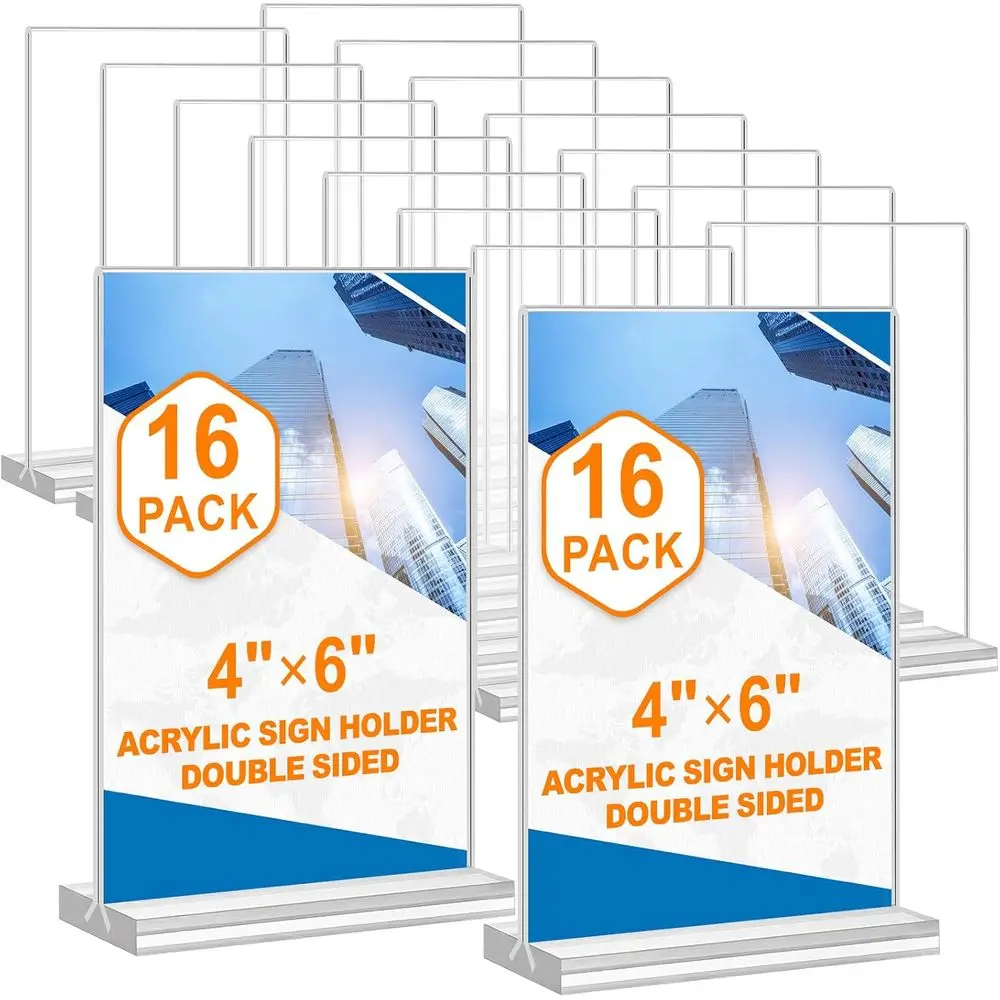 Acrylic Sign Holder 4x6, 16 Pack Clear Double Sided Clear Table Menu Veal Display Stand Desktop Display Stand Paper Holder Table
