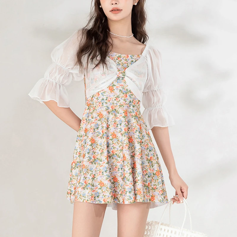 

Women's Floral One-piece Swimsuit Thin Chiffon Patchwork Mid-sleeve Design Casual Swimsuit for Beach Vacation Купальник Женский