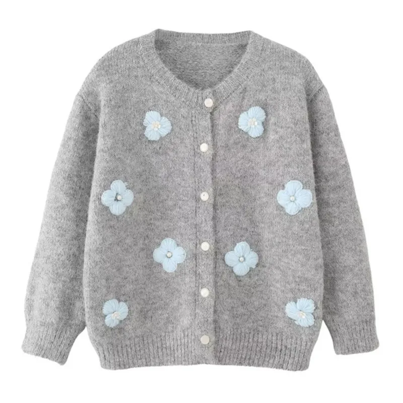 

2025 Autumn Winter New Women's Korean-Style Sweet Knit Cardigan Beaded 3D Floral Design Cozy Sweater Knitting Jacket Outerwear