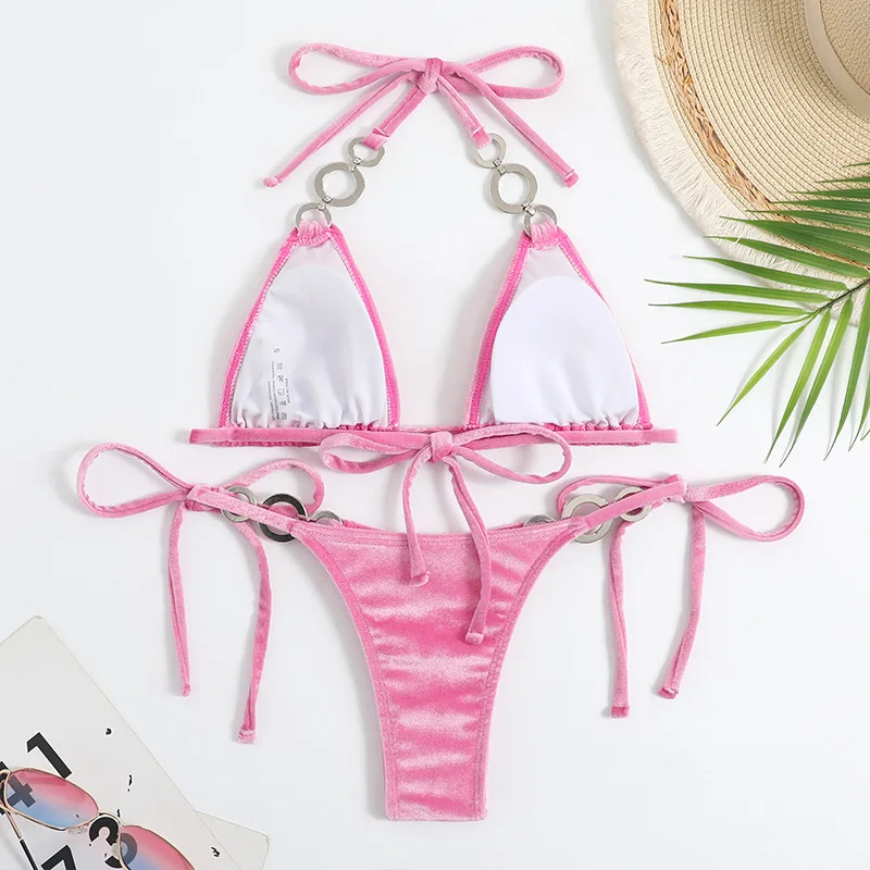 Conjunto de biquíni de veludo rosa para mulheres, biquínis triângulo, maiô sexy Halter, banho micro tanga, maiô brasileiro