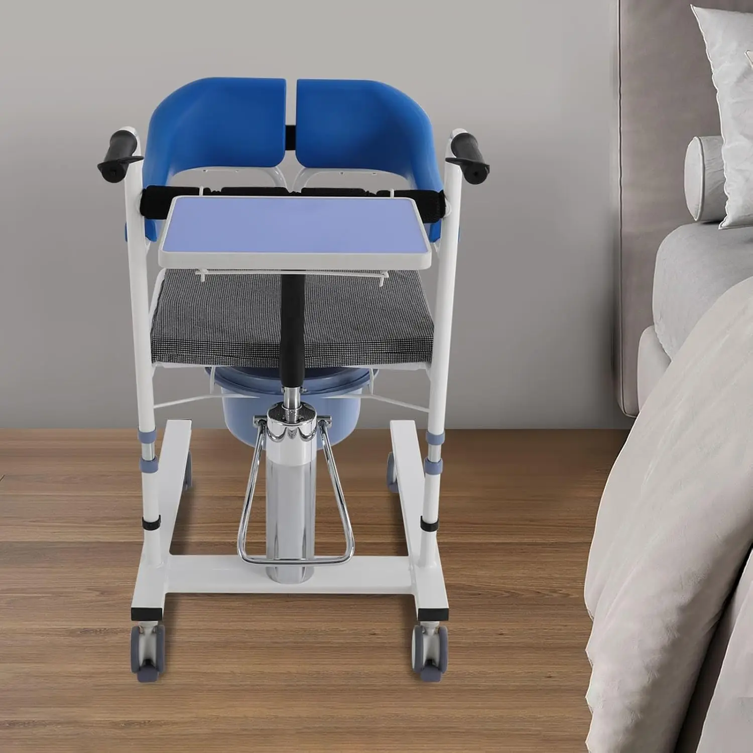 Silla hidráulica de transferencia de elevación para pacientes, silla de ruedas con cómoda, silla de enfermería de transferencia 180 ° Respaldo con cojín de asiento dividido
