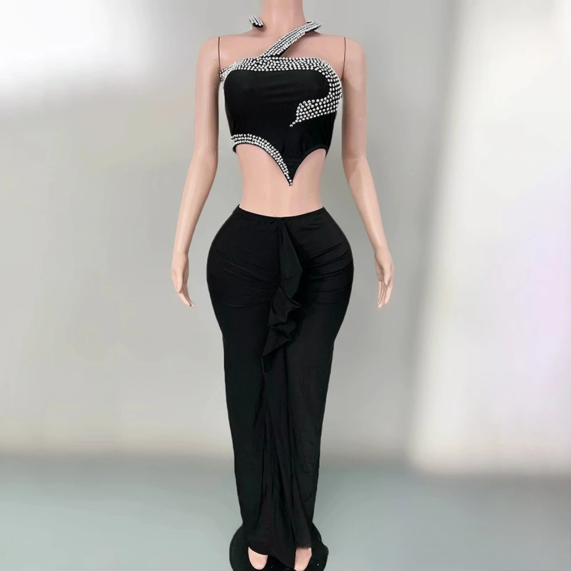 

High-end Black Snake Diamond Fashion Split Two-piece Performance Suit Female Singer High-end Atmospheric Annual Meeting Dress