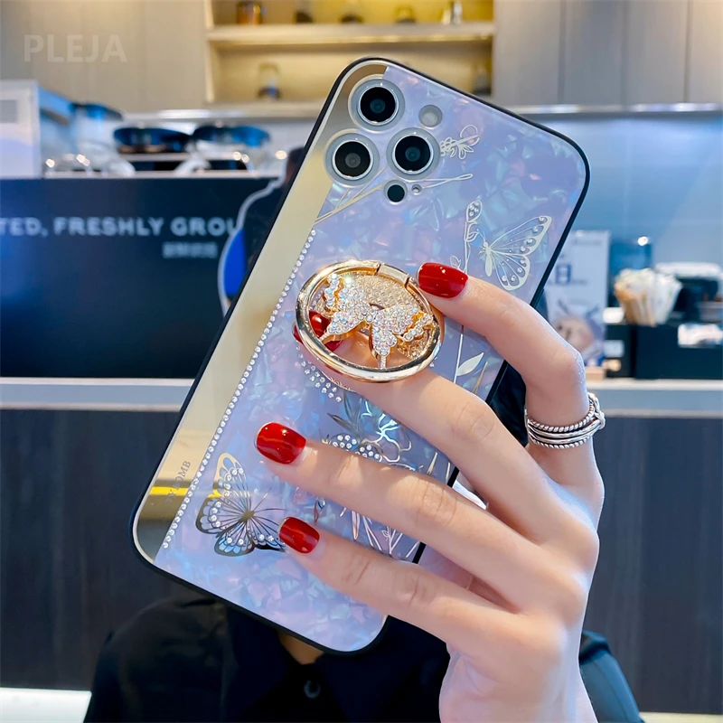 Luxury Butterfly Ring Stand Holder Phone Case For iphone 15 14 13 12 11 Pro max 7 8 X XR XS Max Cute Mirror Glossy Cover Fundas