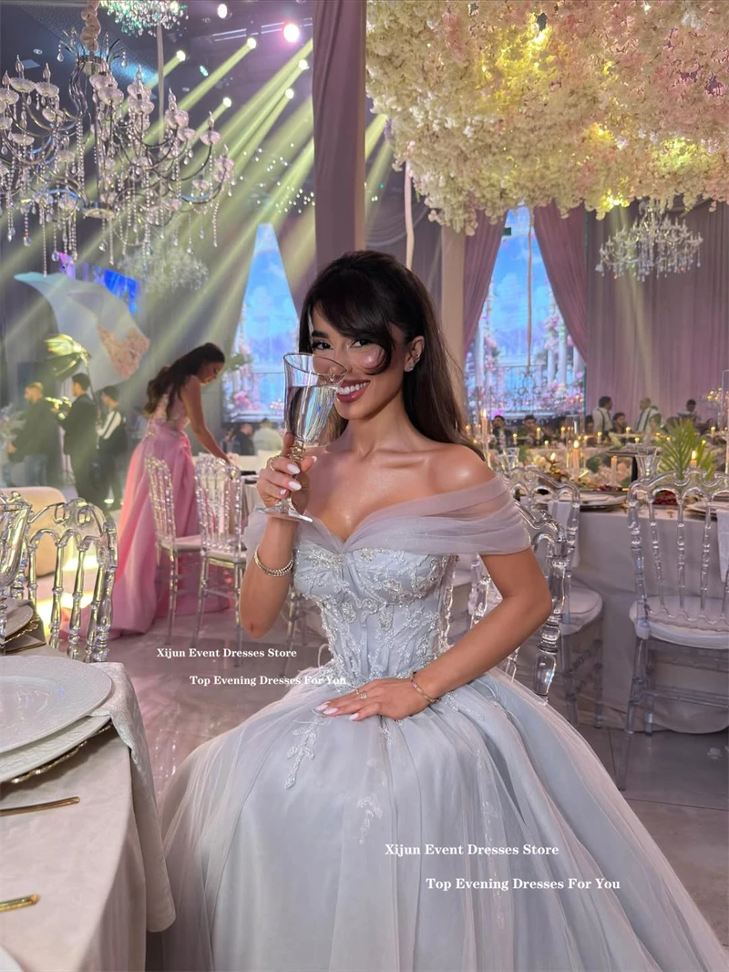 Xijun Blue Princess Long Evening Dresses Tulle Beads Appliqués Off The Shoulder Prom Dresses A-Line Corset Prom Gowns Customized