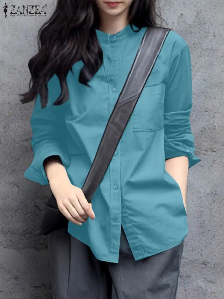 

ZANZEA Women Korean Fashion Tops Causal Long Sleeve Solid Shirts 2024 Elegant Stand Collar Simple Tees Streetwear Retro Outfits
