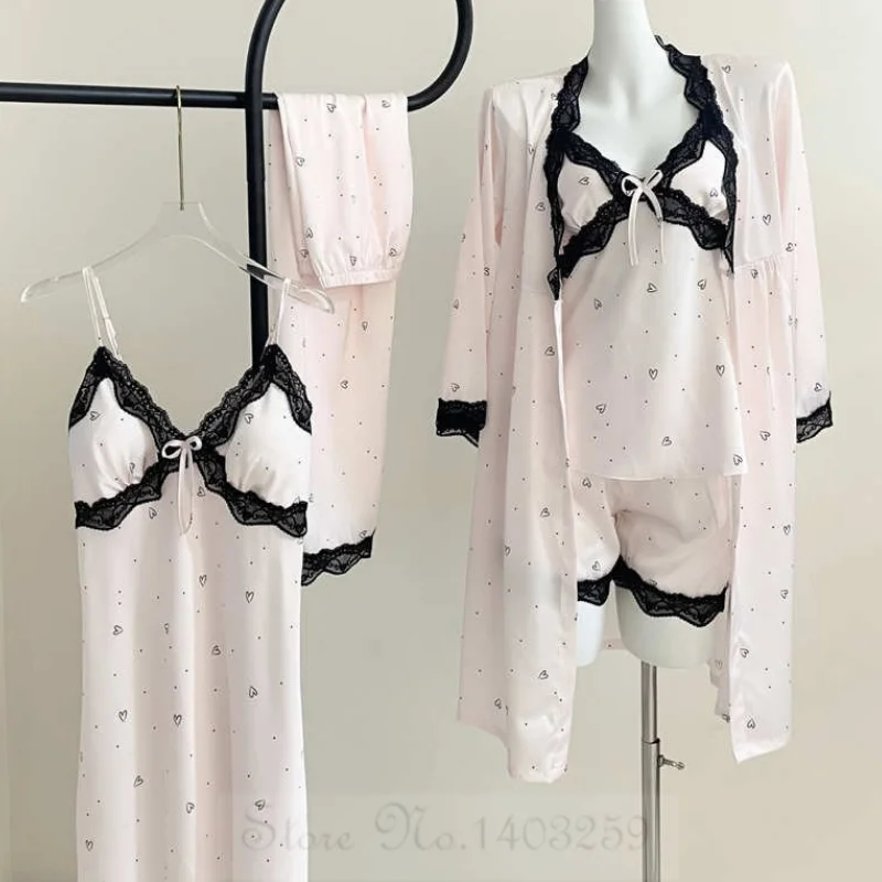 Women Pajamas Five Piece Set Sexy Lace Trim Lingerie Spring Summer Satin Nightwear Trouser Suits Loose Home Clothes Lounge Wear