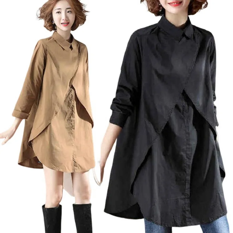 

Women Cotton Cloth Lengthen Shirts Spring Atumn Blouses Full Sleeve M-Length Shirt Skirt Loose Tops