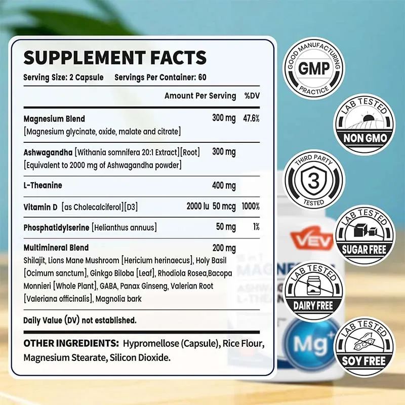 15 in 1 Magnesium Glycinate & Citrate Complex - Contains Ashwagandha and L-Theanine To Help Reduce Stress and Improve Sleep