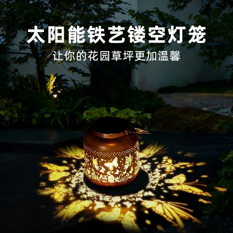 butterfly  Hollow Iron Decor Light Warm Light Wrought Iron Solar Light Solar Powered Hollowed Hanging Light for Home Light Decor