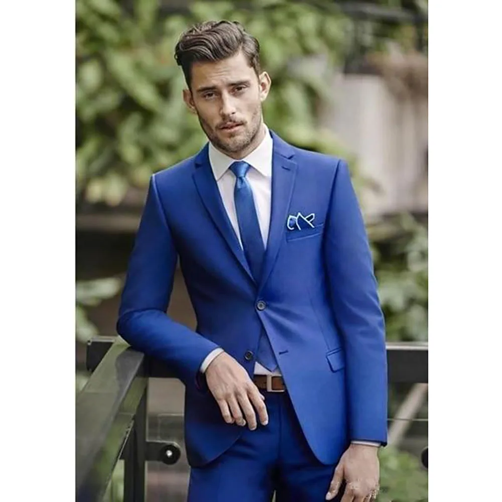 Blue Men Suits High Quality 2024 Slim Fit Casual Single Breasted Notch Lapel Blazer Flat Business Office 2 Piece Jacket Pants