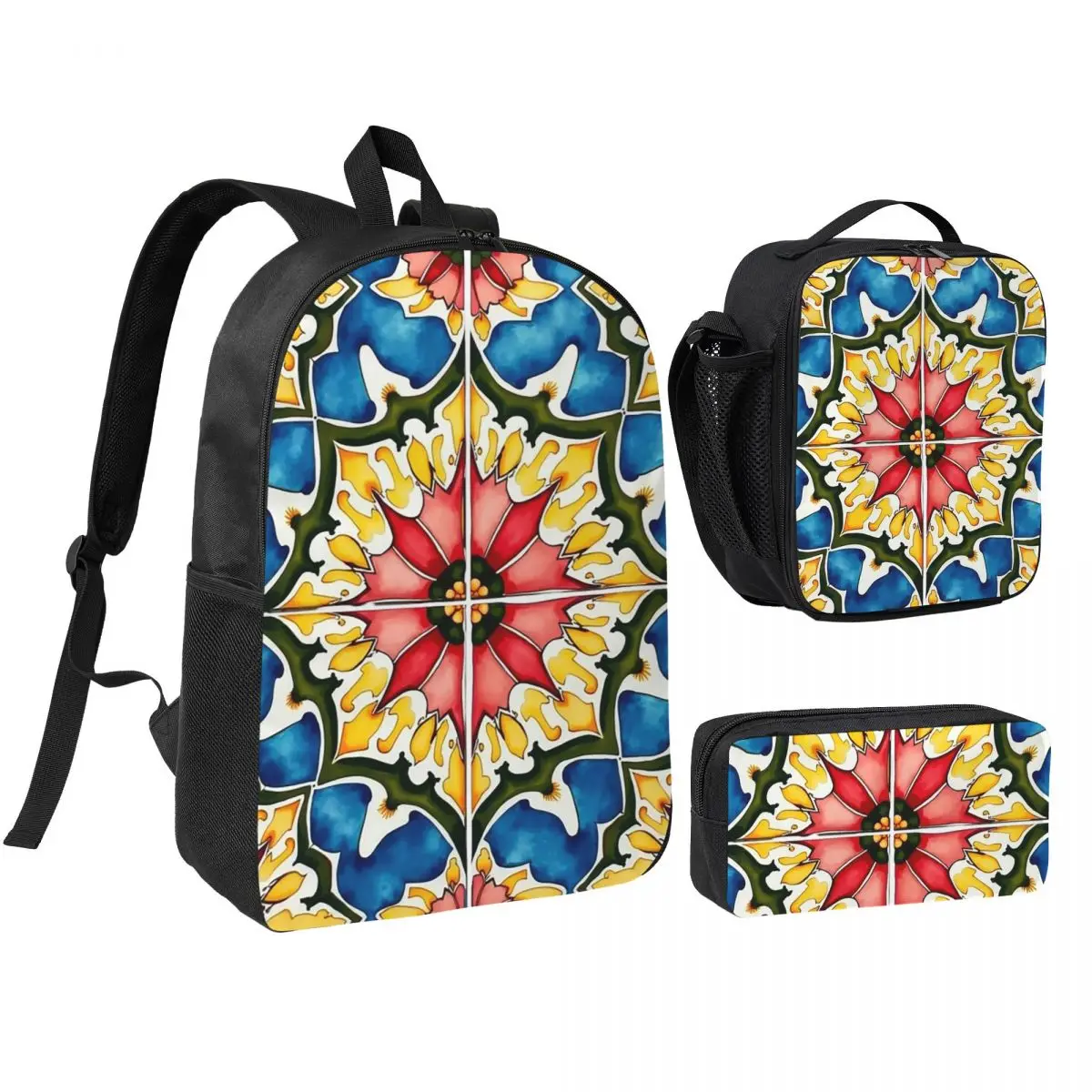 Mediterranean,colorful,vibrant,mosaic Tiles Art 1 Backpack BookBag School Bag Laptop Shoulder Bags 3ps Lunch Bag Pencil Case