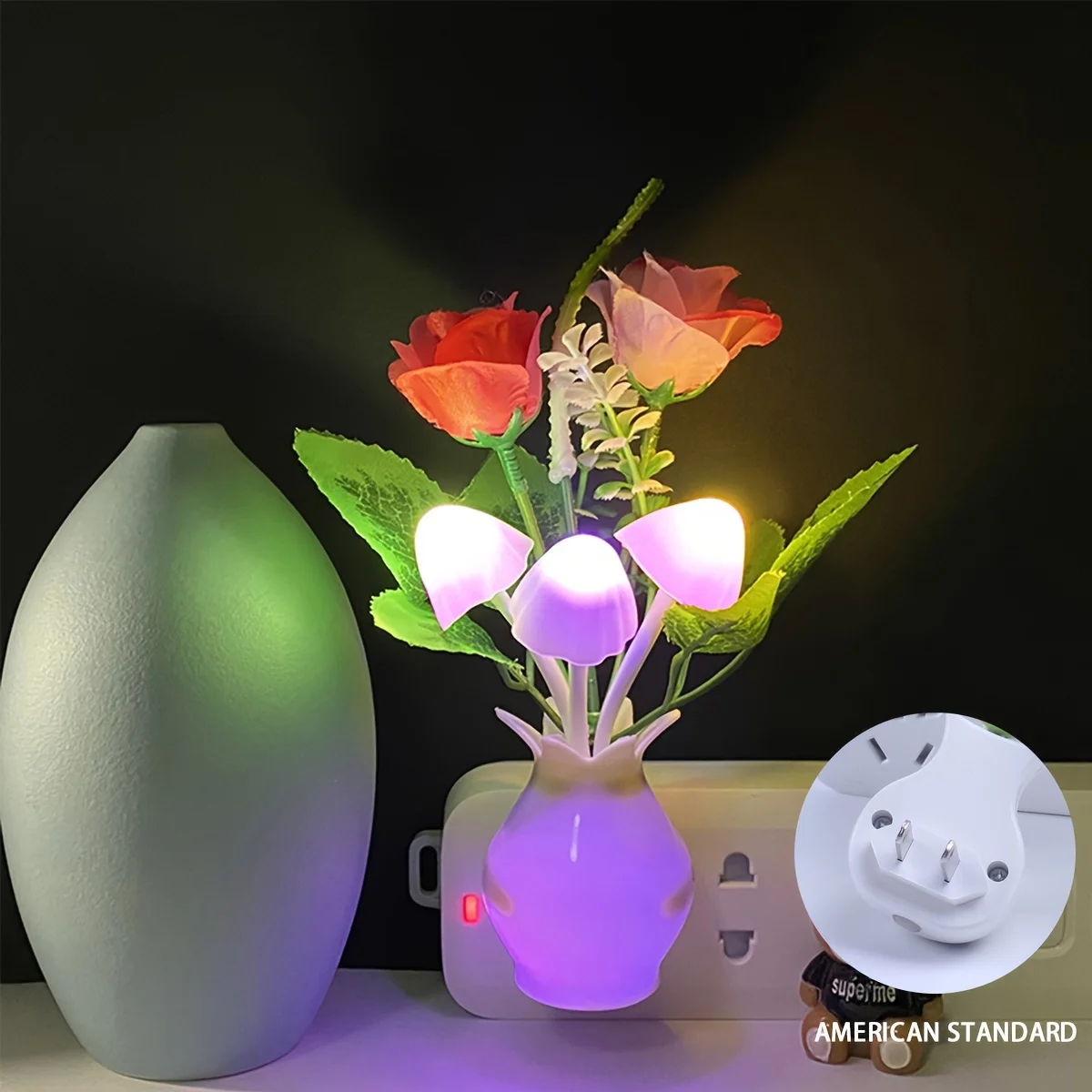 A Brand New European Standard LED Intelligent Light Sensing Night Light, with a Seven Color Vase, Lily, and Three Color Mushroom