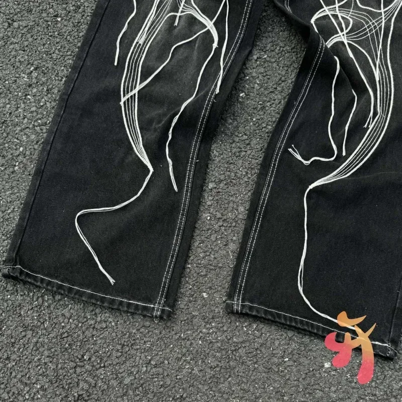 Real Photos Thug Club Jeans Metal Stars Moons Labe Embroidered Tassel Black Denim Pants Hiphop Street Men Women Wide Trousers