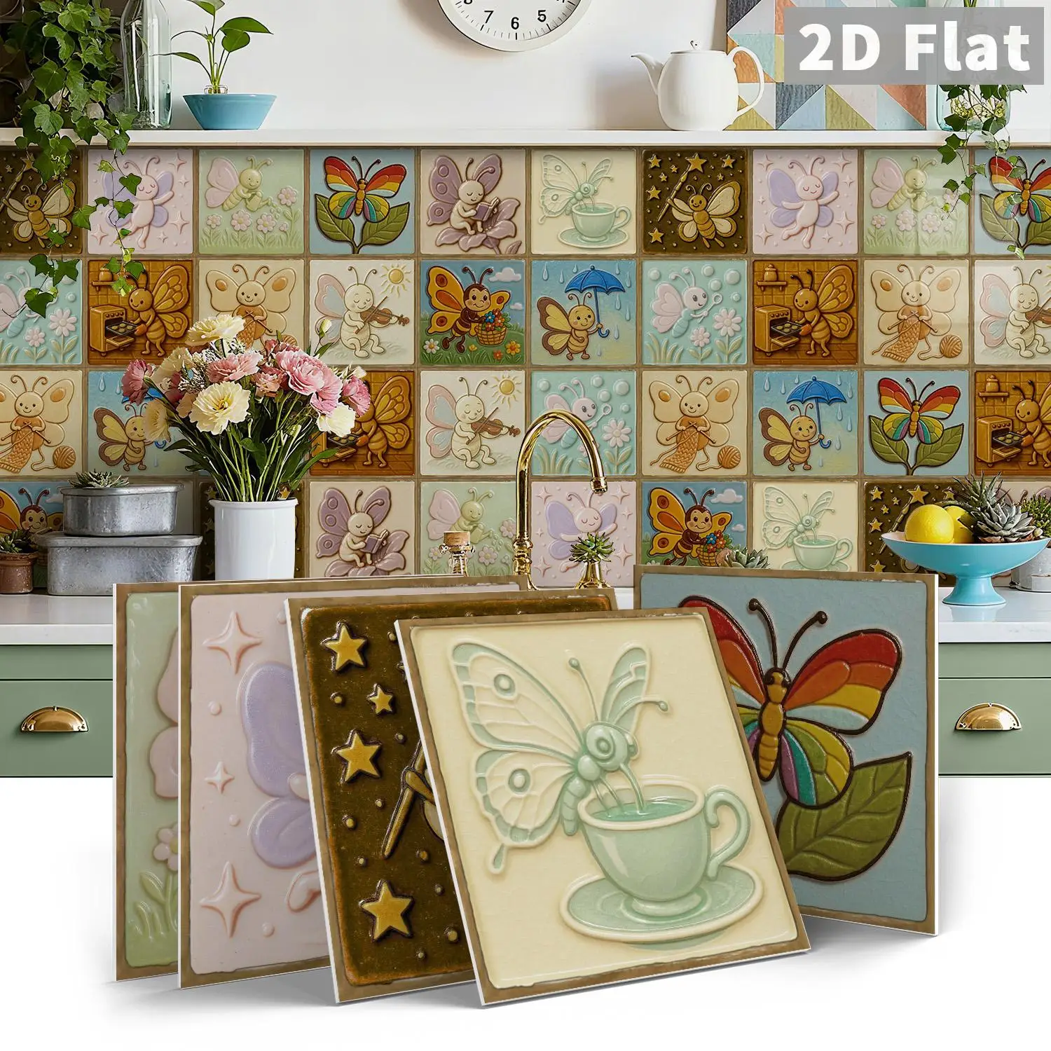 15x15CM Cute Insect Square Wall Sticker Vintage Art Decal for Kitchen Backsplash Decor