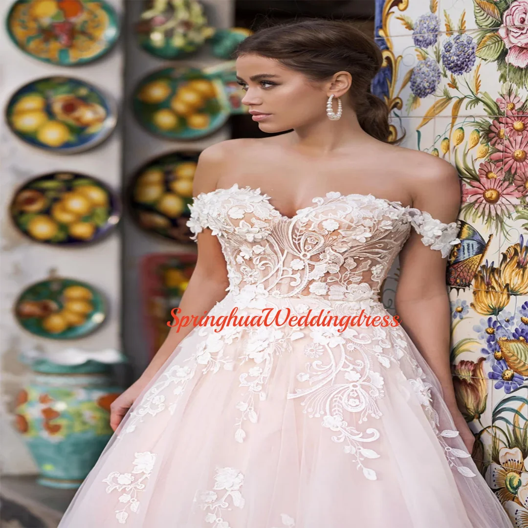 Abiti da sposa illusione personalizzati Tulle con applicazioni in pizzo Abito sexy a trapezio con spalle scoperte vestido de noiva