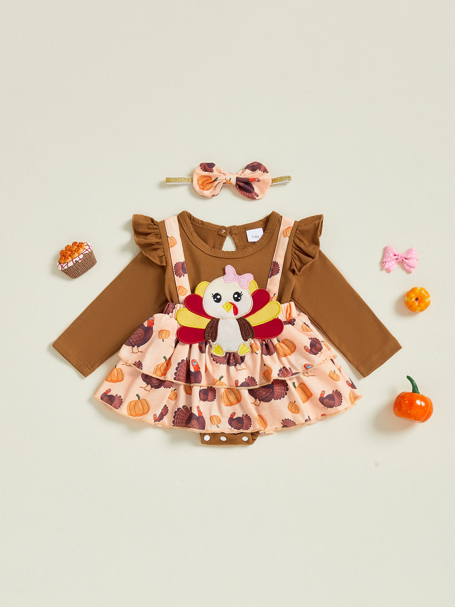 

Наряд для маленьких девочек на День Благодарения, комбинезон с длинными рукавами и принтом Турции, платье с бантом в тон, повязка на голову, комплект из 2 предметов на осень