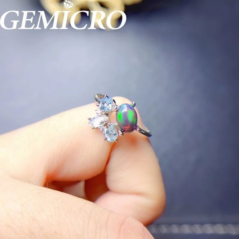 Gemicro Mysterious Black Opal Ring for Daily Wear 5mmx7mm Natural Opal Silver Ring October Birthstone