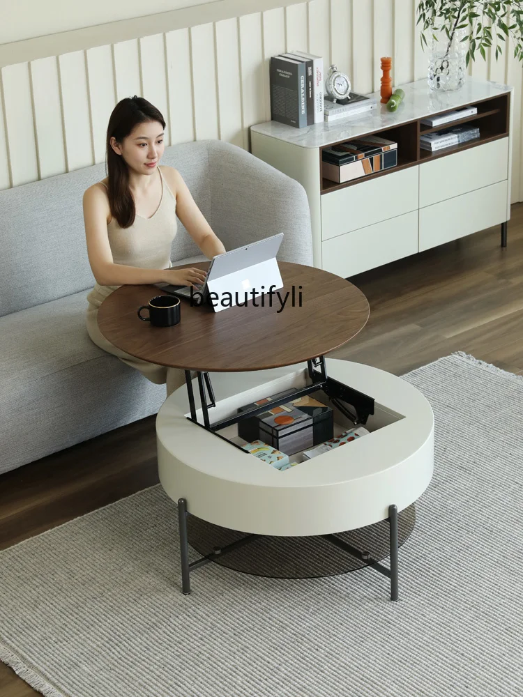 zqModern Minimalist Round Lifting Coffee Table Nordic Retractable Double-Layer Storage Tea Table