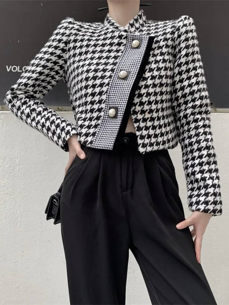 

Brand Houndstooth Vintage Tweed Jacket Coat New Autumn Winter Fashion High Street Small Fragrance Woolen Short Outerwear