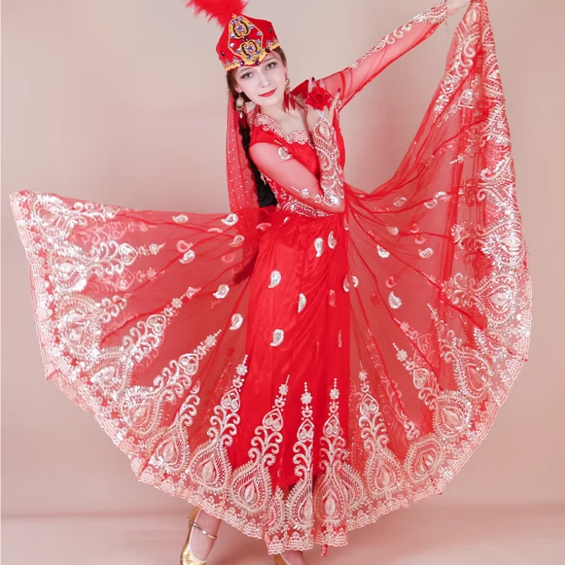 

Chinese Xinjiang Mesh Embroidered Dress Uyghur Dance Performance Dress