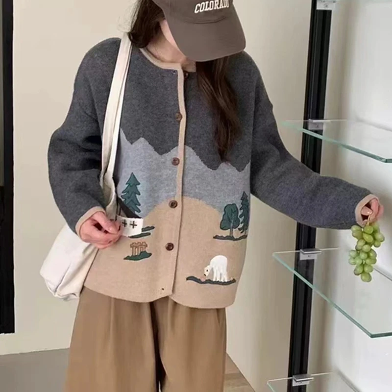 Sweet Hot Girl Embroidered Knitted Cardigan Women's Autumn and Winter O-neck Long Sleeved Sweater Jacket Fashion Female Clothes