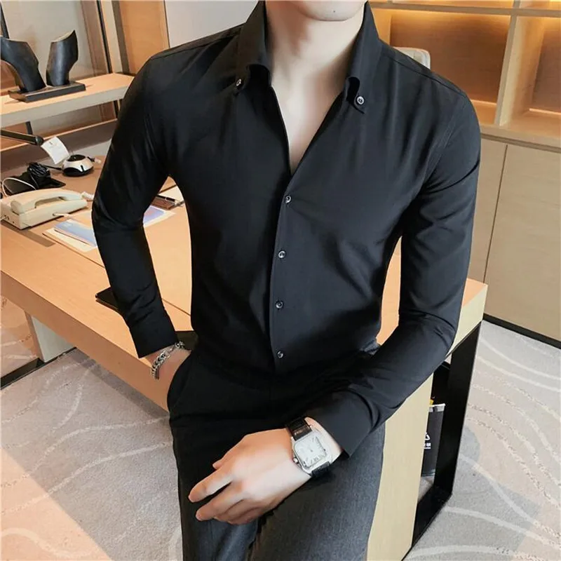 Men Dress Shirt Fashion Long Sleeve Business Social Shirt Male Solid Color Button Down Collar Work White Black Shirt 4XL