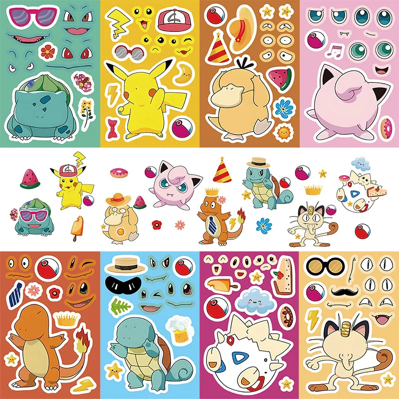 

8/16Sheets Pokémon Anime Cartoon Puzzle Sticker DIY Phone Laptop Luggage Skateboard Graffiti Decals Fun for Kid Gift