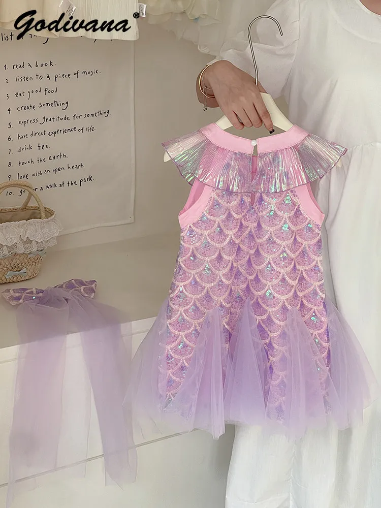 Sweet Baby Girls Summer Mermaid Princess Dress Childrens Fashion Sequined Fishtail Mesh Patchwork Ruffle Neck Performance Dress