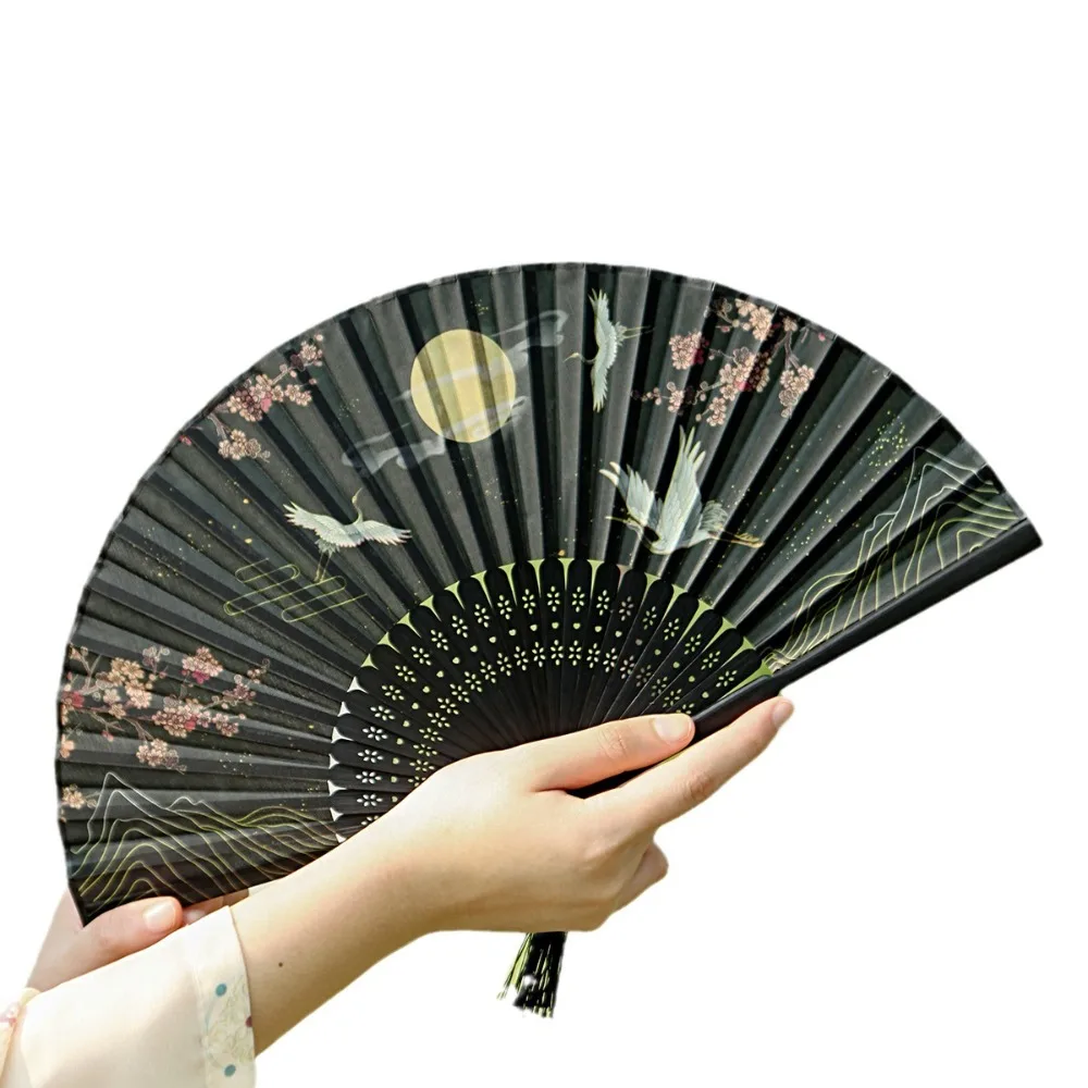 Bamboo Chinese Japanese Folding Fan Silk Vintage Style Folding Fan Tassel Elegent Female Fan Hand Fan Shank Classical Dance Fan