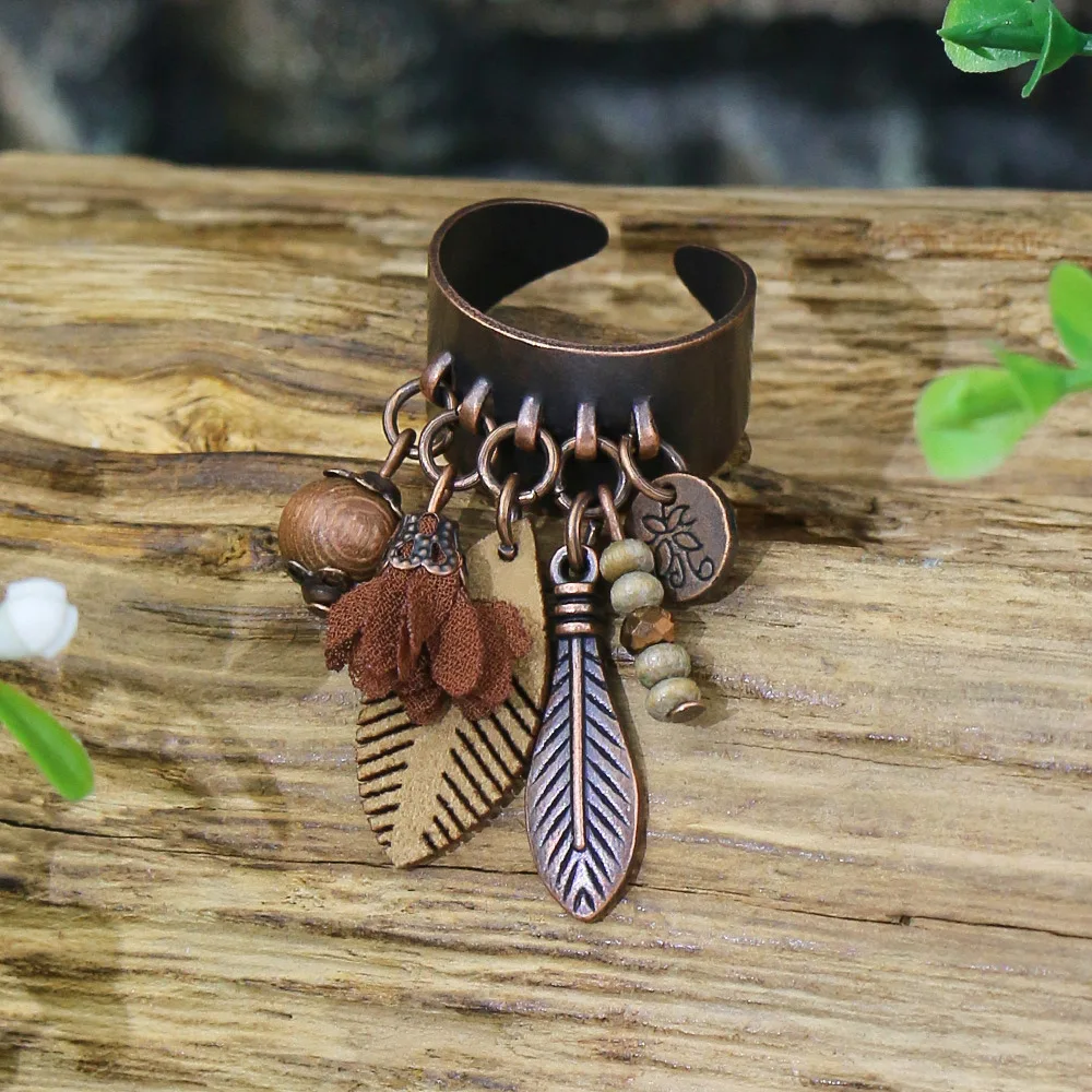 Ethnic Flower Feather Tassel Rings For Women 2023 Vintage Antique Wooden Beads Tassel Geometric Indian Jewelry Gifts Female