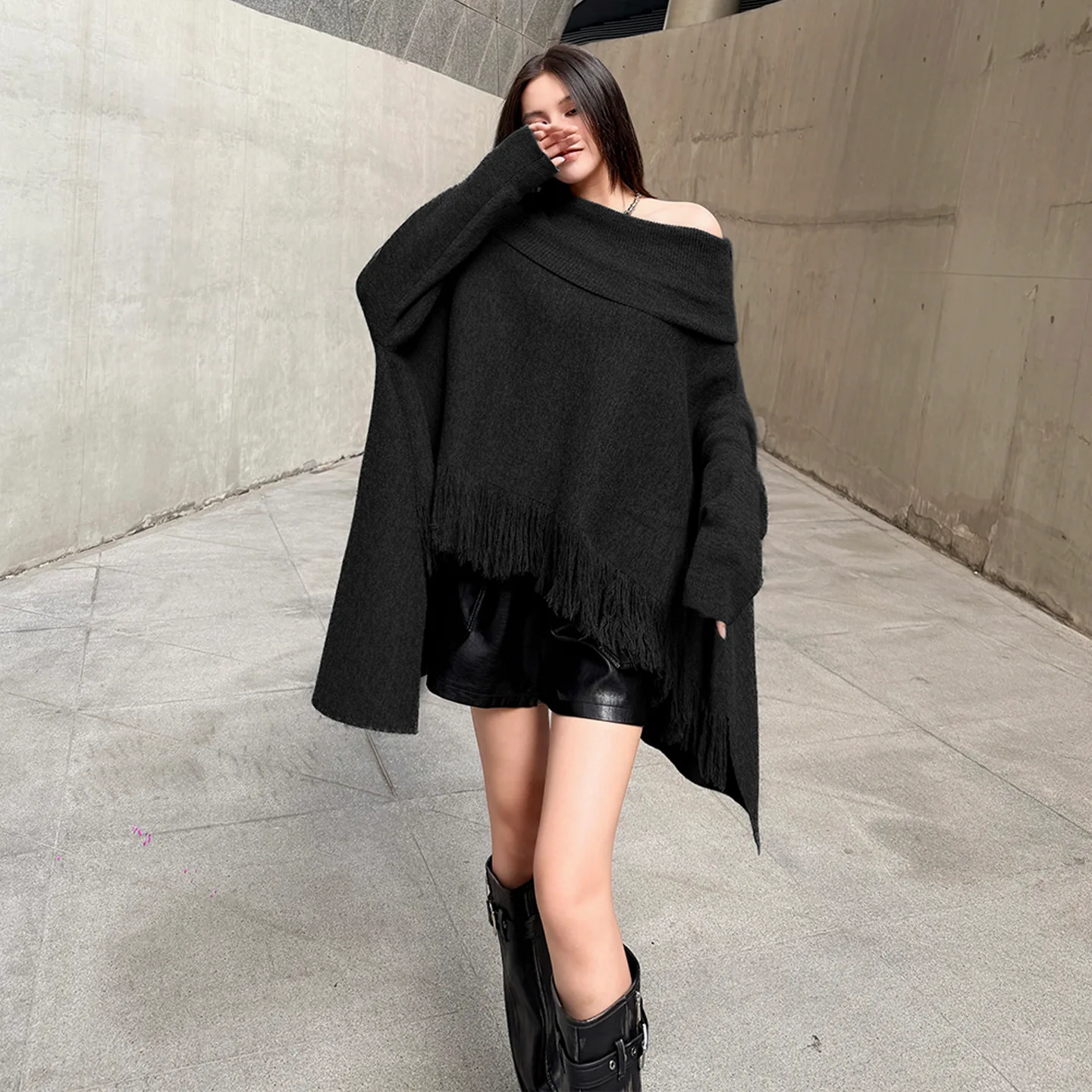 

SuperAen Korean-style Spliced Tassel Solid-color Cape Autumn and Winter New Loose Unique Asymmetrical Design Sweater