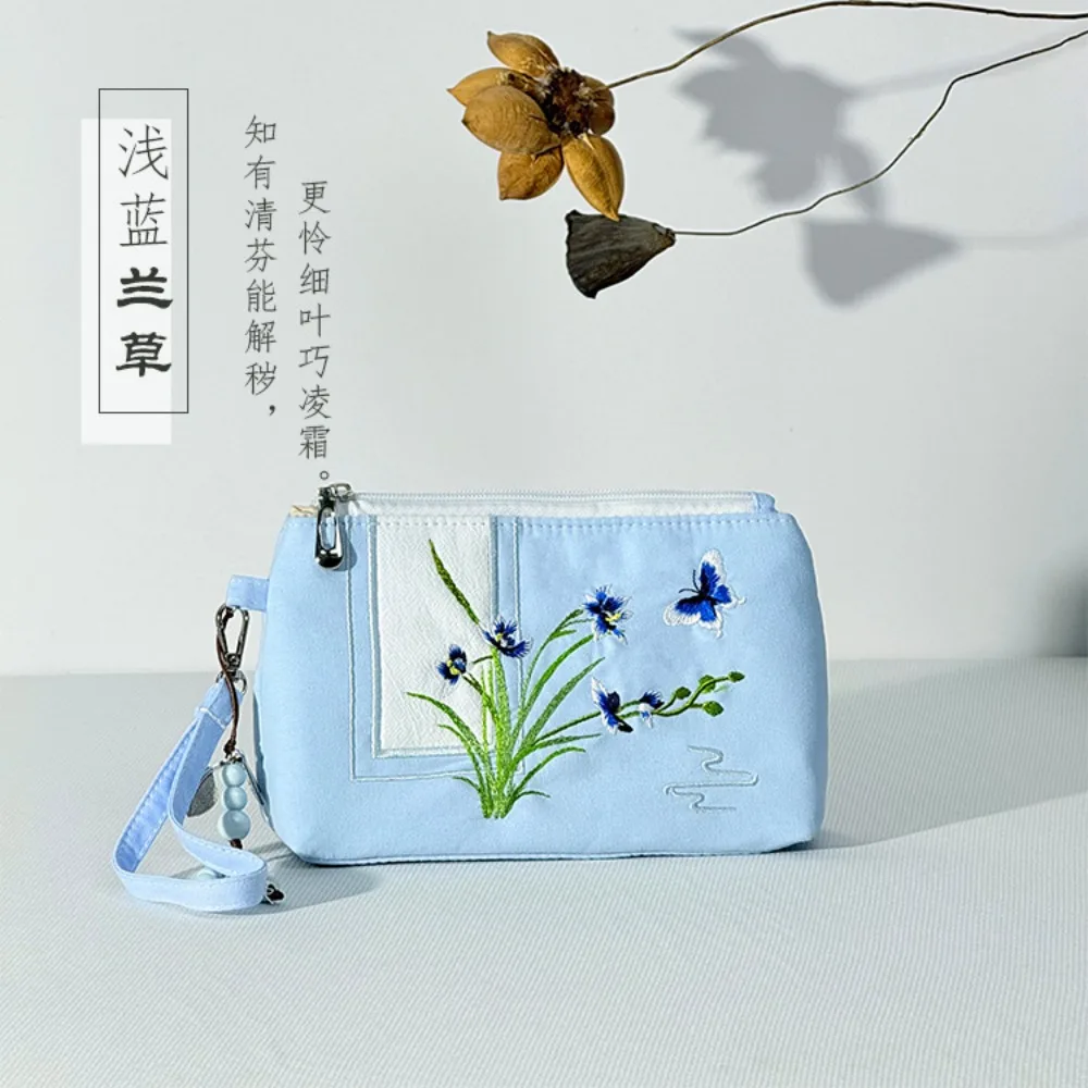 Wear-resistant pen bag with Chinese ethnic style simple embroidery, zero money pocket, zipper handbag