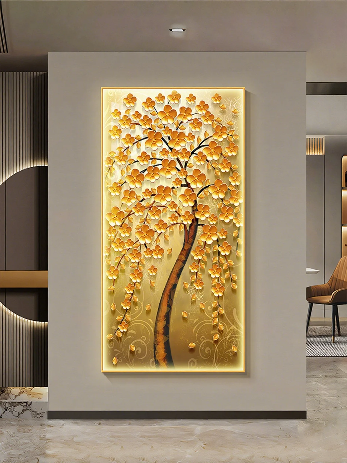 Golden Wealth Tree Entrance Decoration Painting Money Tree Attracting Wealth LED Light Painting Advanced Corridor Mural Light