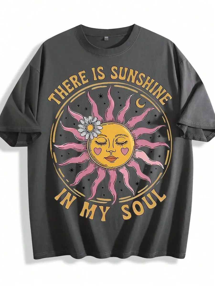 

Retro Sun Face Print Mens Loose Short Sleeve T-Shirt With There Is Sunshine In My Soul Slogan