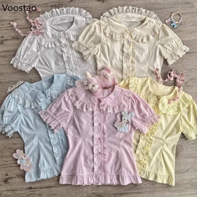 

Японские рубашки Kawaii Lolita, женские винтажные милые оборки, кружевные блузки с воротником Питера Пэна и короткими рукавами, милая одежда для девочек Y2k, топы