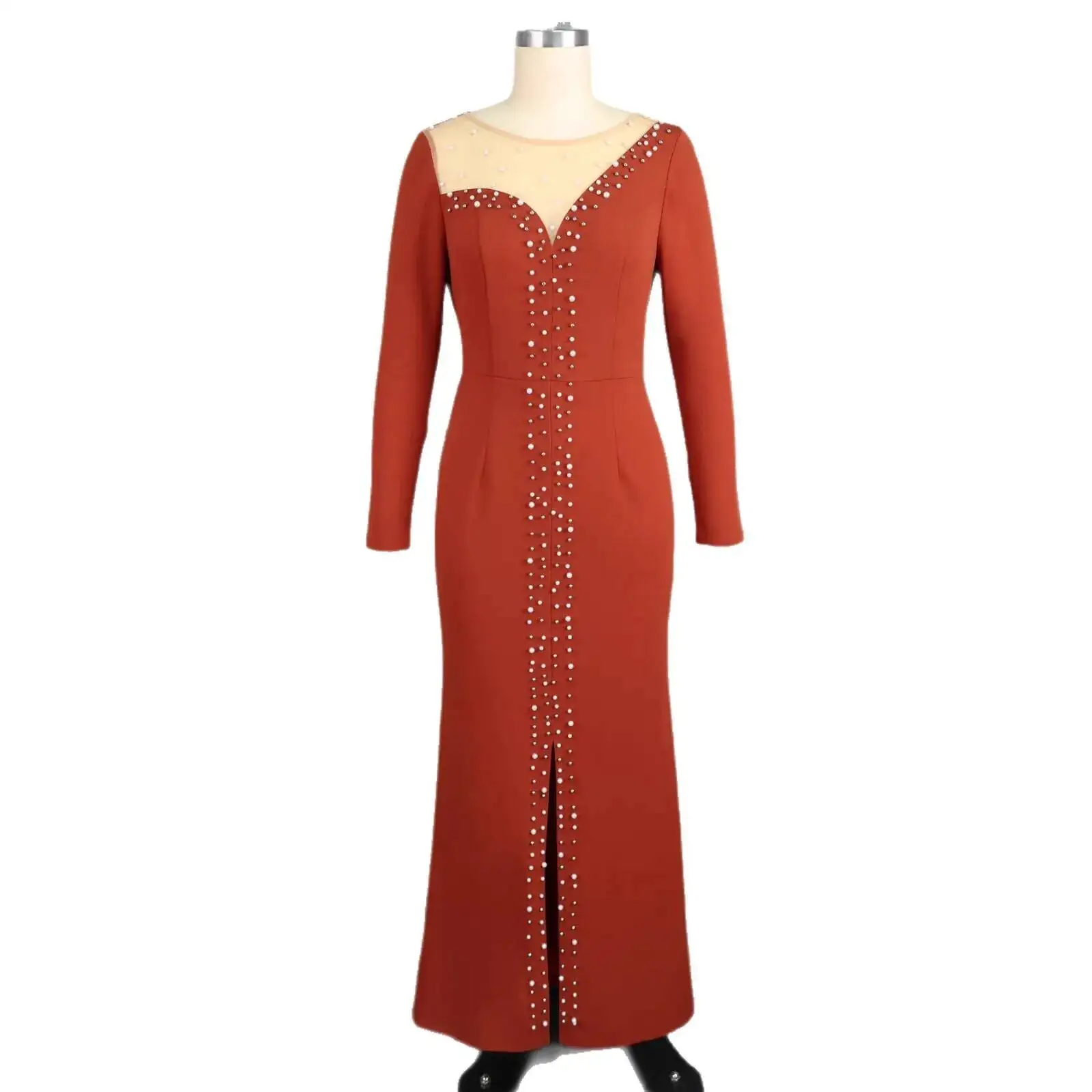 Plus-size Women's Beaded Long-sleeve Dress, Sheer Tulle Collar, Waist-cinching, Slit, Elegant Party Gown, Long Dress Top Y2K