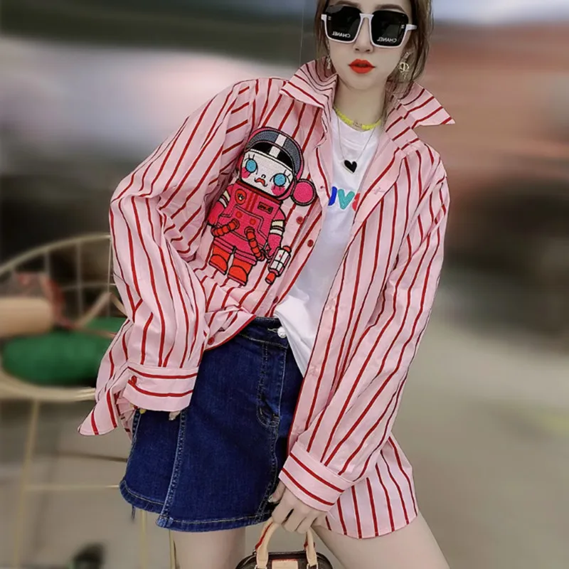 Oversize Women Long Sleeve Pink Strip Blouse Shirt Cartoon Embroiderey Appliques Blusas Feminina Casual Tops Blouses Shirts NS63