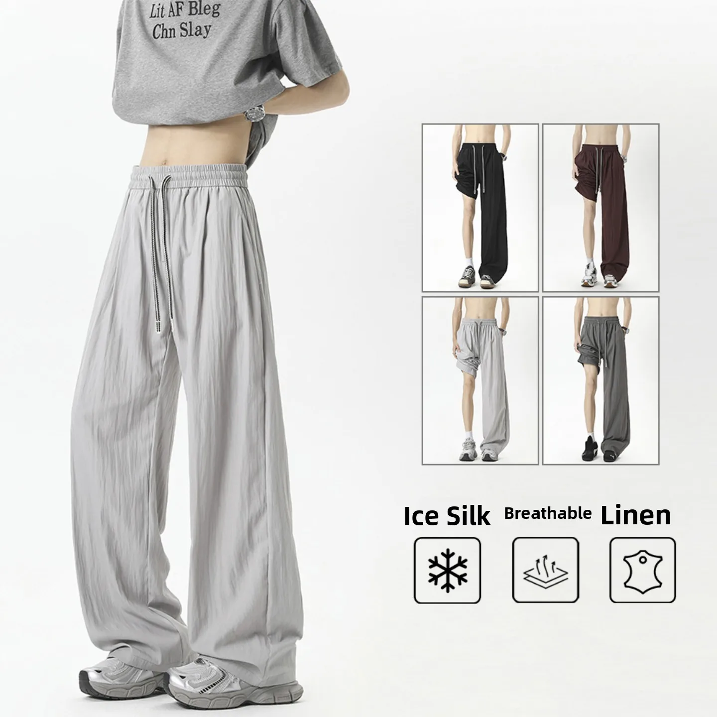 

Linen Ice Silk Qui Dry Sports Pants Men Summer Trendy Brand Pleated Drape Loose Wide Leg Casual Long Trousers