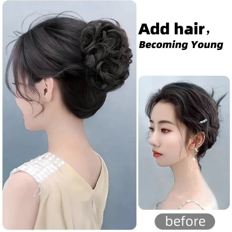 여성용 클립인 곱슬 가발 합성 섬유 클립인 가발 뱅 헤어스타일 도넛 가발