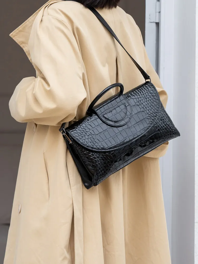 Aidrani Women Genuine Cowhide Clutch Handbag, Glossy Crocodile Embossed Evening Bag, Detachable Strap Crossbody Shoulder Purse