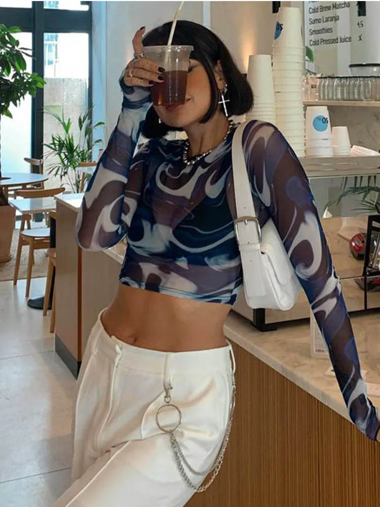 Fashion Female Mesh Crop Top Sheer Print round Neck Long Sleeve T-Shirt Pullover Sexy Y2K Harajuku Streetwear Top